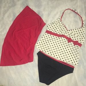 RED, BLACK, AND WHITE 3 PIECE TANKINI SET